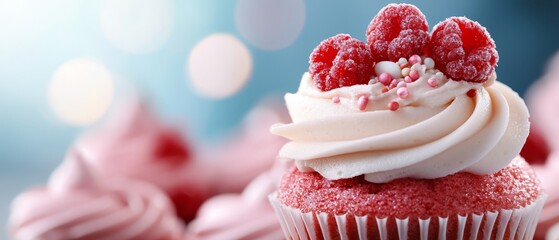 Poster -  A tight shot of a frosted cupcake topped with raspberries and sprinkles