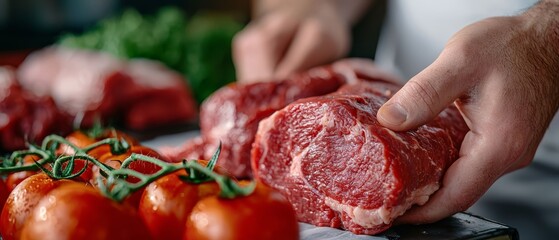 Sticker -  Person holds raw meat in front of tomatoes and bell peppers on a cutting board