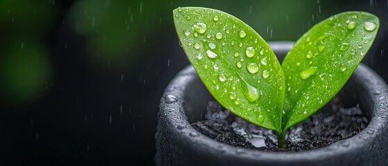 Wall Mural -  Close-up of a potted plant against a black backdrop, featuring water-droplets glistening on its leaves and the ground