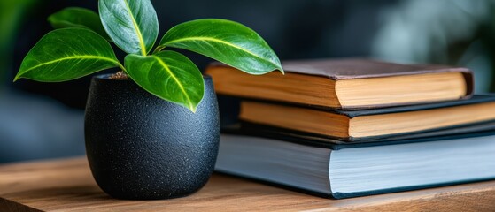 Wall Mural -  A black vase atop a wooden table, nearby, a stack of books Within the vase, a verdant green plant thrives