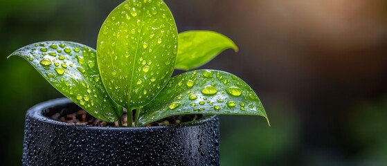 Sticker -  A macro shot of a verdant plant in a black pot, adorned with water droplets on its foliage