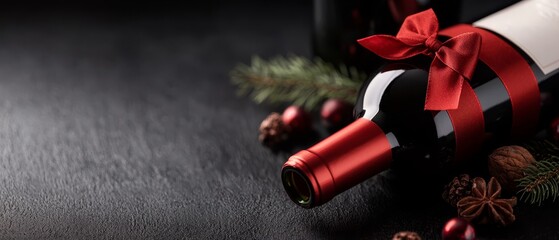 Sticker -  A bottle of wine, wrapped in a red ribbon, sits among cones and pine cones, also adorned with red ribbons