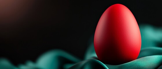 Poster -  A red egg centered on a green cloth in the close-up image