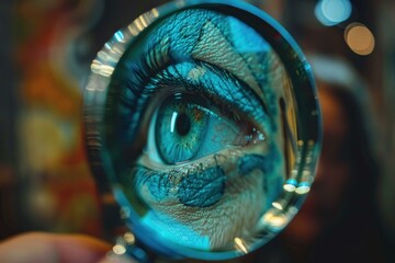 Makeup artist is holding a magnifying glass, revealing a blue eye with creative makeup