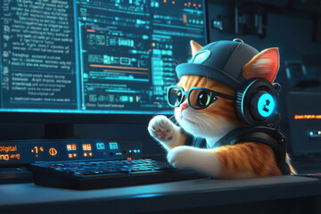 A clever cat wearing glasses and headphones, intently working on a computer with digital code in the background.