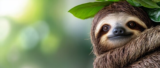 Wall Mural -  A close-up of a sloth with a leaf atop its head and a green leaf on its back