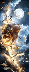 Wall Mural - Woman Transformed into Flames Against Night Sky with Full Moon.