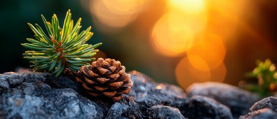 Sticker -  A pinecone atop a rock Nearby, a smaller pinecone atop a pine tree