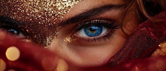 Wall Mural -  A tight shot of a woman's expressive blue eye, adorned with golden glitter She wears a vibrant red scarf around her neck