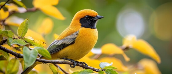  A yellow-and-black bird perches on a tree branch, surrounded by yellow flowers in the foreground and green leaves in the background