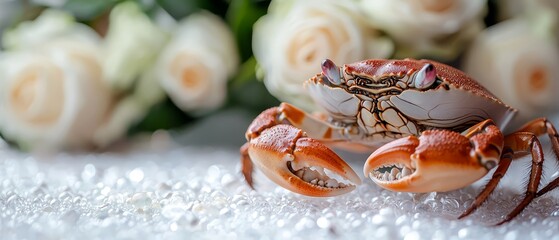 Wall Mural -  Two crabs seated side by side on a bed of white and silver glitter, near a bouquet of roses