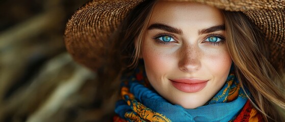 Sticker -  A close-up of a woman wearing a hat and a scarf around her neck