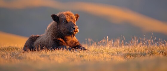  A brown and black animal lies atop a grassy field, a mountain distant behind it