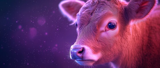 Wall Mural -  A cow's face in close-up against a purple and blue backdrop filled with stars