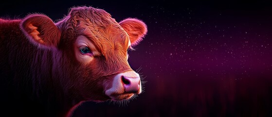 Wall Mural -  A tight shot of a cow's head against a deep purple backdrop, adorned with scattered stars in the night sky