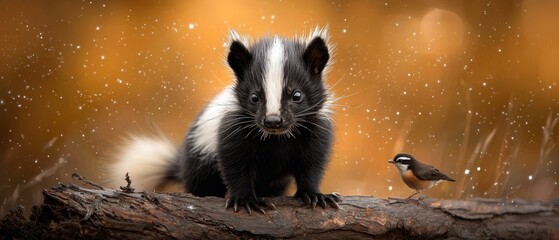 Wall Mural -  A black-and-white animal atop a rain-soaked tree branch, beside a small bird