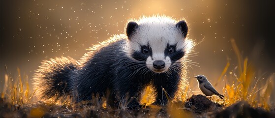 Wall Mural -  A raccoon and a bird in a grassy field, illuminated by a gentle light