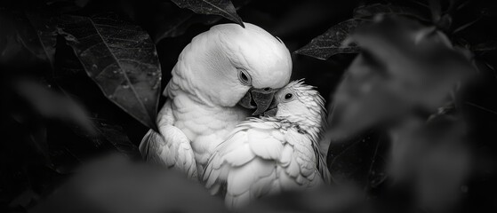 Wall Mural -  A black-and-white image of a bird with a white head and body perched on a tree branch