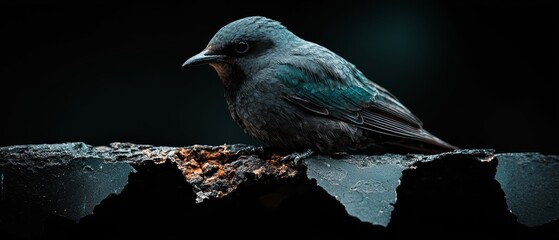  A tiny bird perched on a wooden piece against a black backdrop Above it, two birds - one green, the other blue - rest together