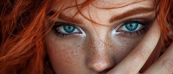 Wall Mural -  A tight shot of a woman's face adorned with freckles, some on her cheeks, others around her eyes