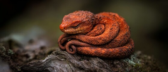  A tight shot of a snake atop a tree branch, its head reclined against its coils