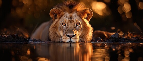 Wall Mural -  A tight shot of a lion reclining by a water body, surrounded by trees in the backdrop