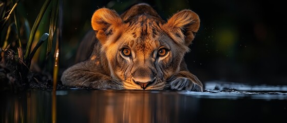 Wall Mural -  A tight shot of a lion poised over water, its head emerging above the surface