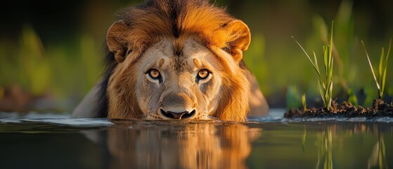 Wall Mural -  A tight shot of a lion at the water's edge Its face submerged, only its eyes and mane visible above the surface The mirror-like reflection in the still water