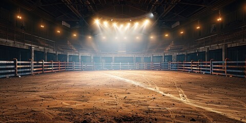 Illuminated rodeo arena with empty bleachers showcasing the anticipation of an upcoming performance