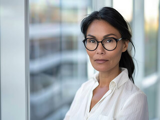 A woman wearing glasses and a white shirt is looking out the window,