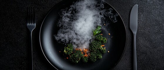 Sticker -  A plate of broccoli on the table, steam rising – fork and knife nearby