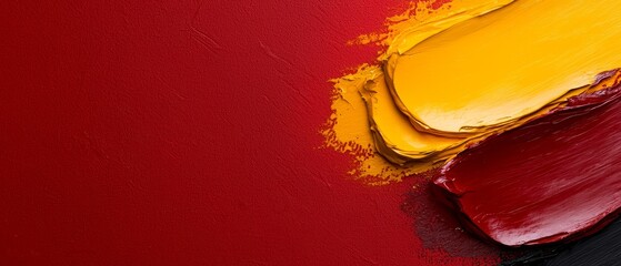 Wall Mural -  A tight shot of red and yellow paint smeared on a scarlet wall Yellow and red streaks blend into the wall's texture