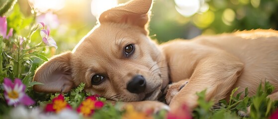 Wall Mural -  A tight shot of a dog reclining in the grass Flowers dot the foreground, while trees frame the scene in the background