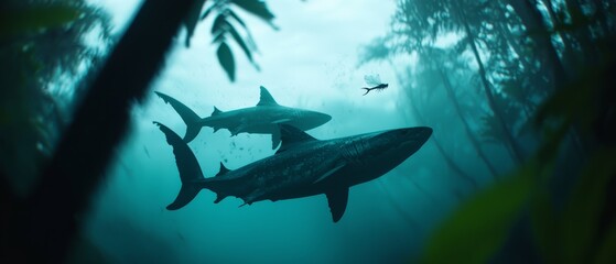 Wall Mural -  A group of sharks swimming in the ocean; a solitary shark below; a bird in flight over the background