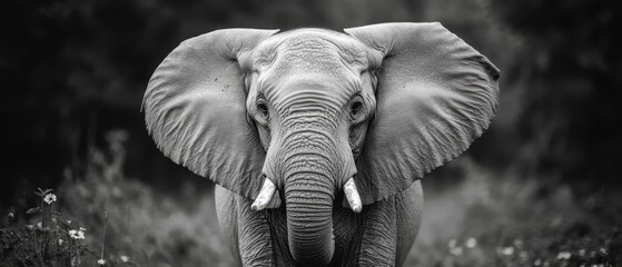 Wall Mural -  A black-and-white image of an elephant with tusks and no tusks on its ears