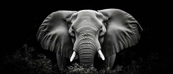  A black-and-white image of an elephant displaying two sets of tusks – one pair from its mouth and another from its ears