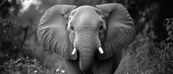 Wall Mural -  A black-and-white image of an elephant bearing tusks and none on its ears