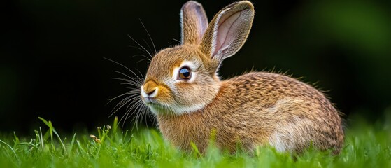 Wall Mural -  A close-up of a rabbit in a field of grass with a blurred background behind it