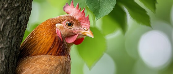 Wall Mural -  A chicken perched on a tree branch, focusing closely, background softly blurred with green leaves