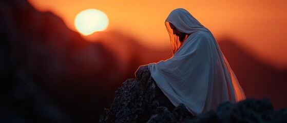 Sticker -  A woman in a white robe sits atop a rock as the sun sets in the distance