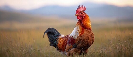 Wall Mural -  A tight shot of a rooster amidst tall grass in the foreground Mountains loom behind as backdrop