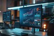 © anatolir - Desktop computer monitor showing statistics, data analysis charts, infographics displaying on screen in an office at night