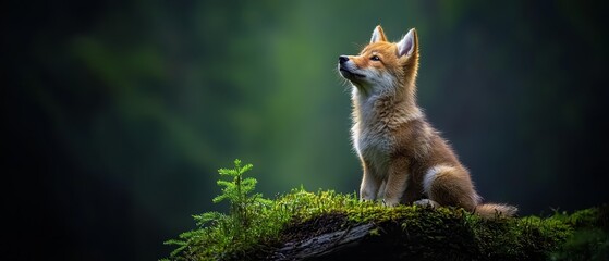 Wall Mural -  A fox, brown and white, sits atop a hill, green with moss, beside a forest teeming with trees