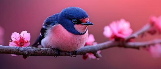 Wall Mural -  A blue bird perched on a tree branch against a backdrop of red and pink blooms