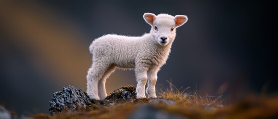  A white lamb atop a green hill, surrounded by rocks, against a black backdrop