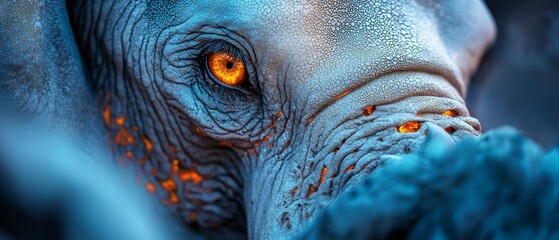 Wall Mural -  A tight shot of an elephant's face, its left eye illuminated by a brilliant orange light