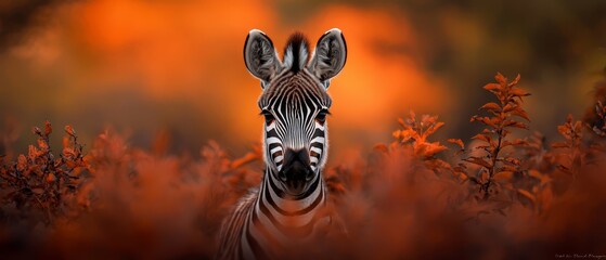 Wall Mural -  A tight shot of a zebra in a grassy expanse, framed by a red sunset sky behind