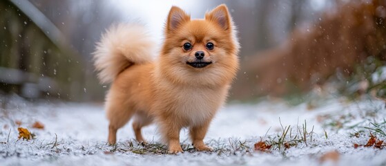 Wall Mural -  A small dog stands in the snow, head tilted to the side, eyes wide open