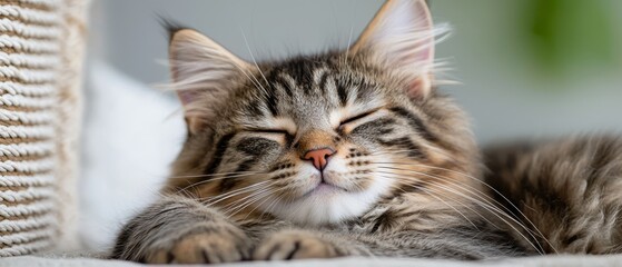 Wall Mural -  A close-up of a cat lying on a bed, with another cat scratching its head nearby