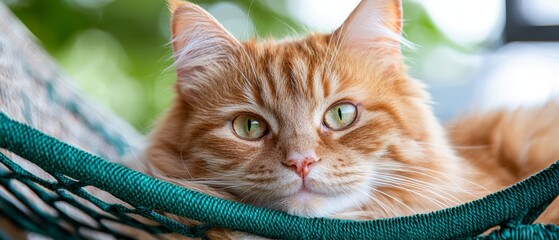 Wall Mural -  A cat in a hammock, gazing at the camera with a sad expression